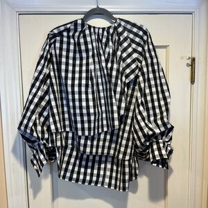 NWOT Edward Achour Black and White Checkered Cotton Blouse, Size FR 38 = M
